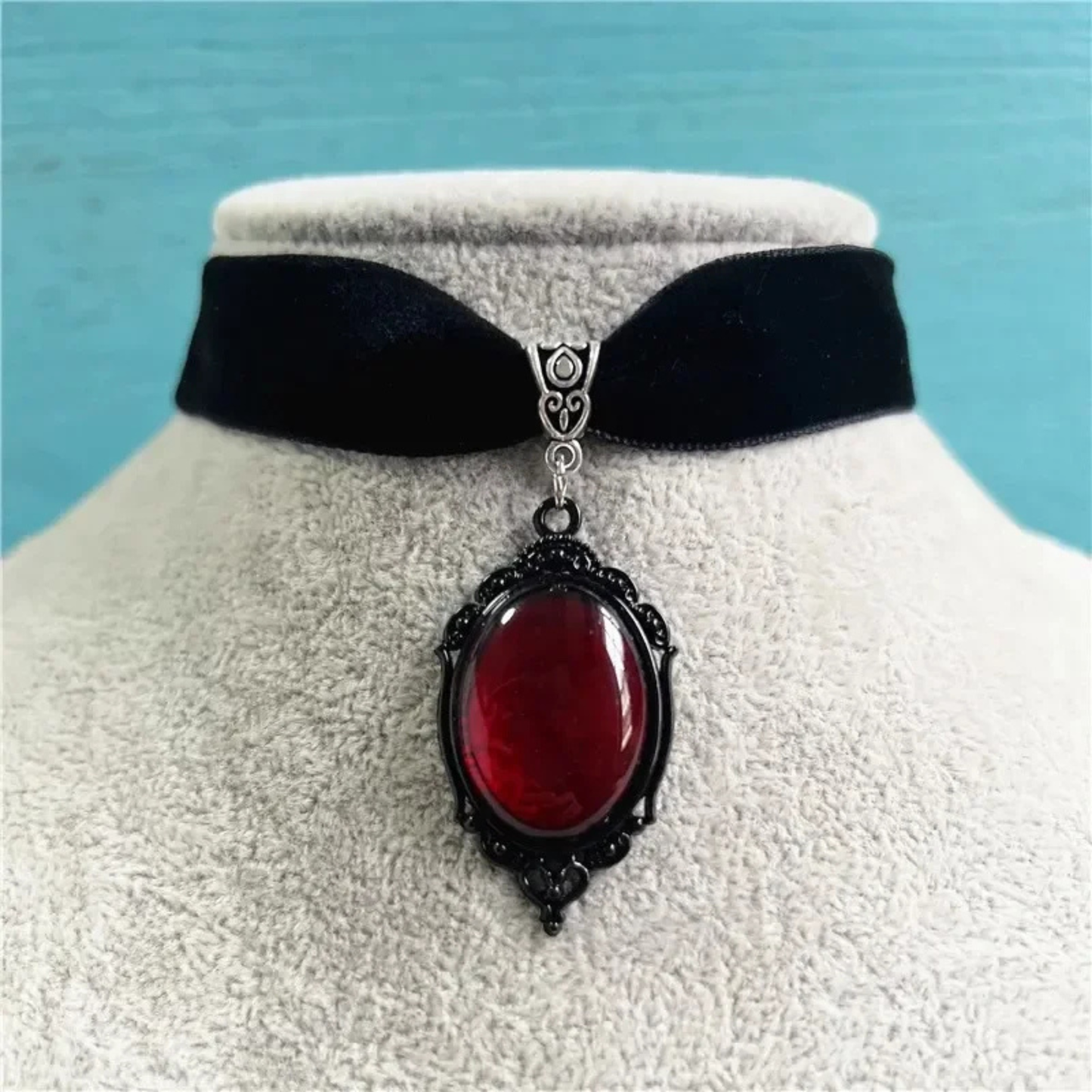 Gothic Blood Choker | Black Velvet Choker with Red Gem