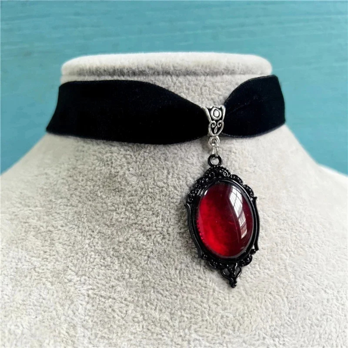 Gothic Blood Choker | Black Velvet Choker with Red Gem