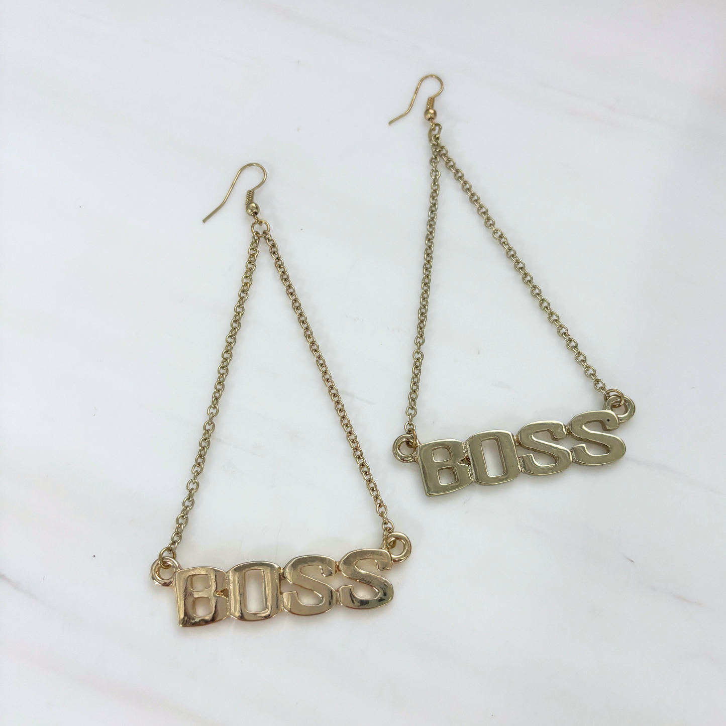 Boss Lady Dangle Statement Earrings in Gold | BOSS Lettering on Chains | 4.4" Ear Wire