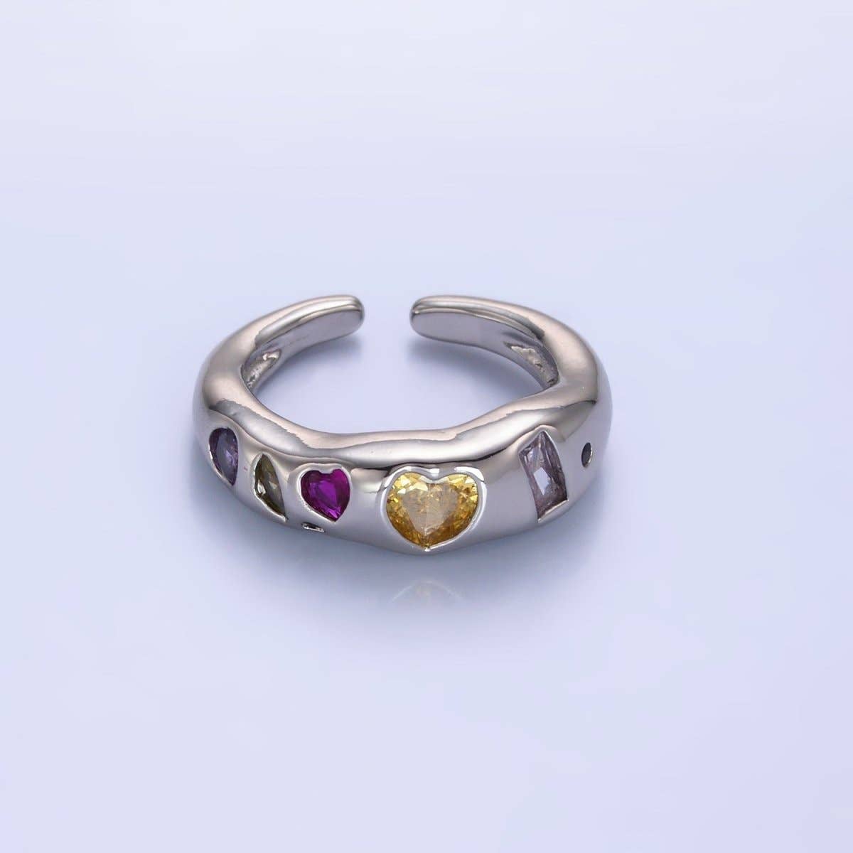 24K Gold Filled Multicolor Geometric CZ Ring | Adjustable Heart & Baguette Band