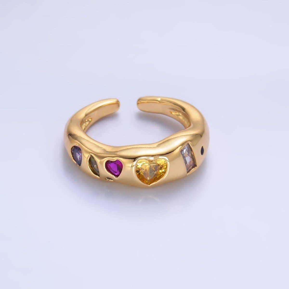 24K Gold Filled Multicolor Geometric CZ Ring | Adjustable Heart & Baguette Band