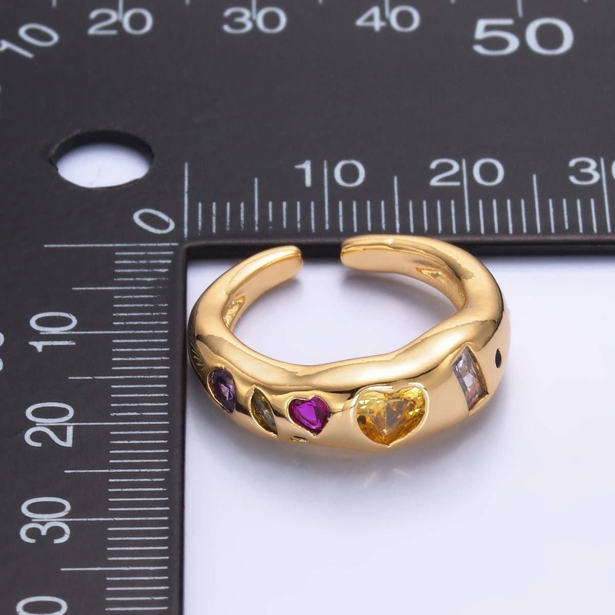 24K Gold Filled Multicolor Geometric CZ Ring | Adjustable Heart & Baguette Band