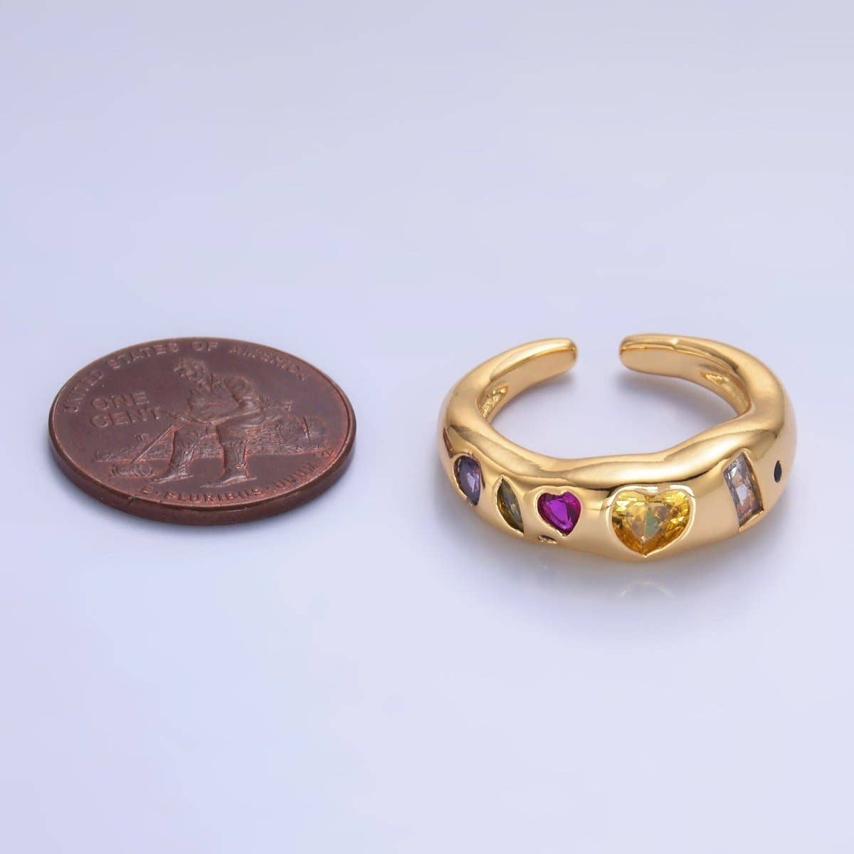 24K Gold Filled Multicolor Geometric CZ Ring | Adjustable Heart & Baguette Band