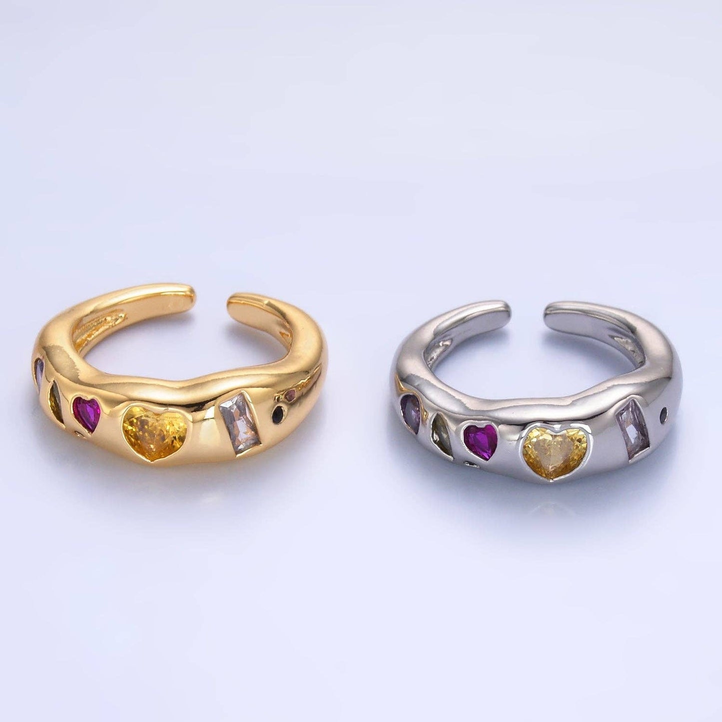 24K Gold Filled Multicolor Geometric CZ Ring | Adjustable Heart & Baguette Band