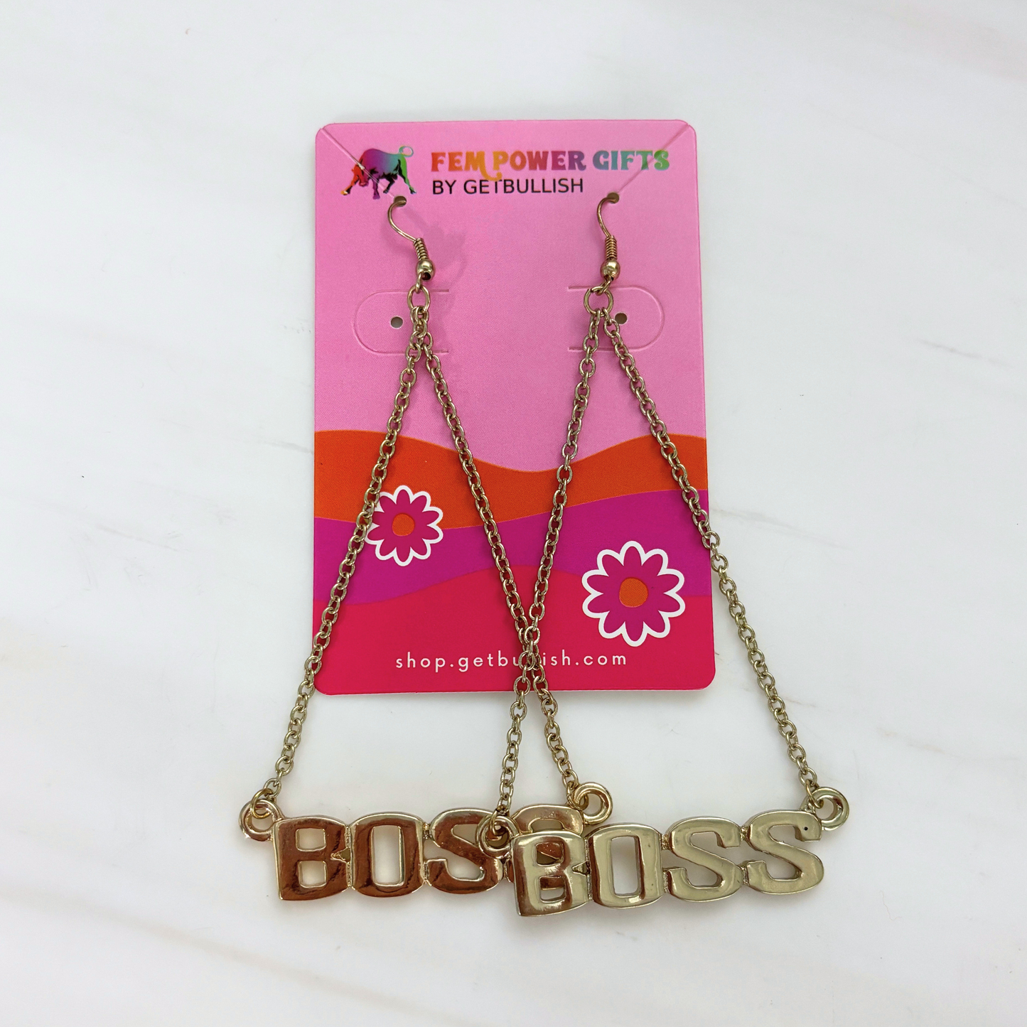 Boss Lady Dangle Statement Earrings in Gold | BOSS Lettering on Chains | 4.4" Ear Wire