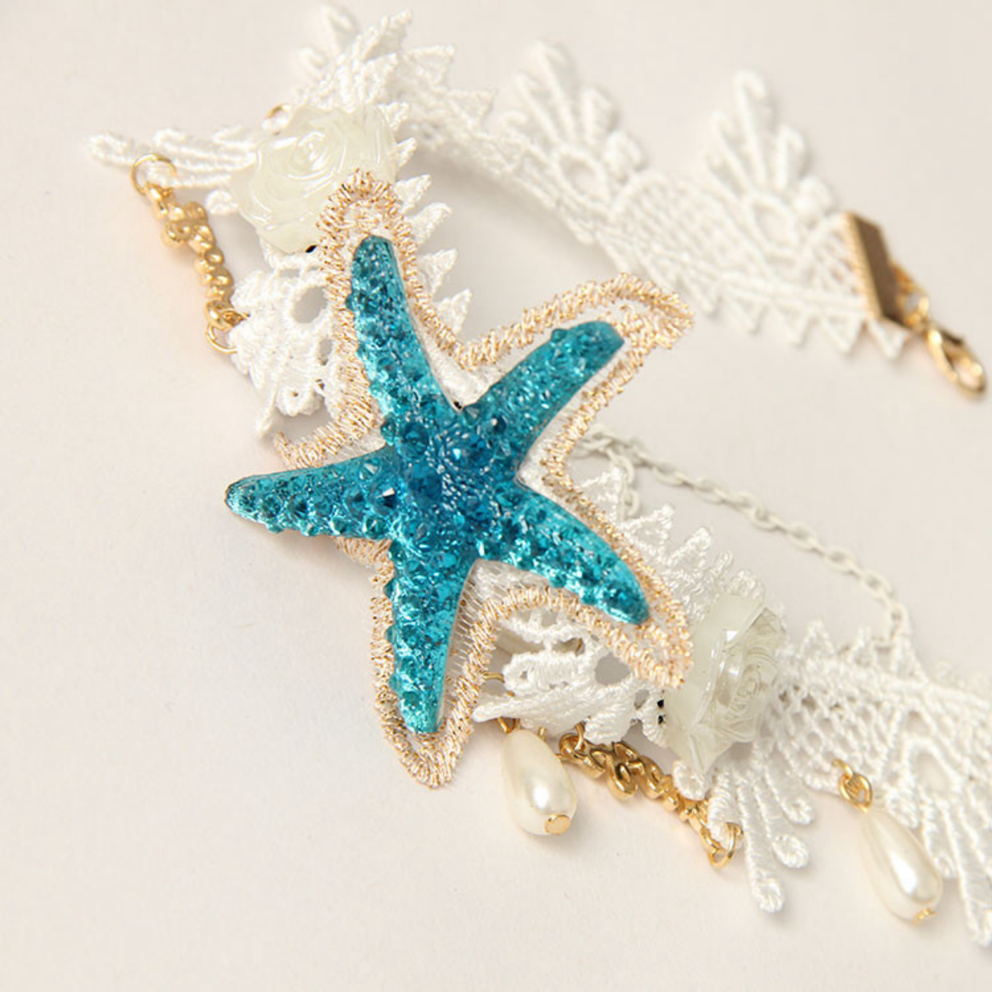 Sea Star Mermaid Appliqué Choker | White Lace with Pearl, Rose & Teal Sea Star