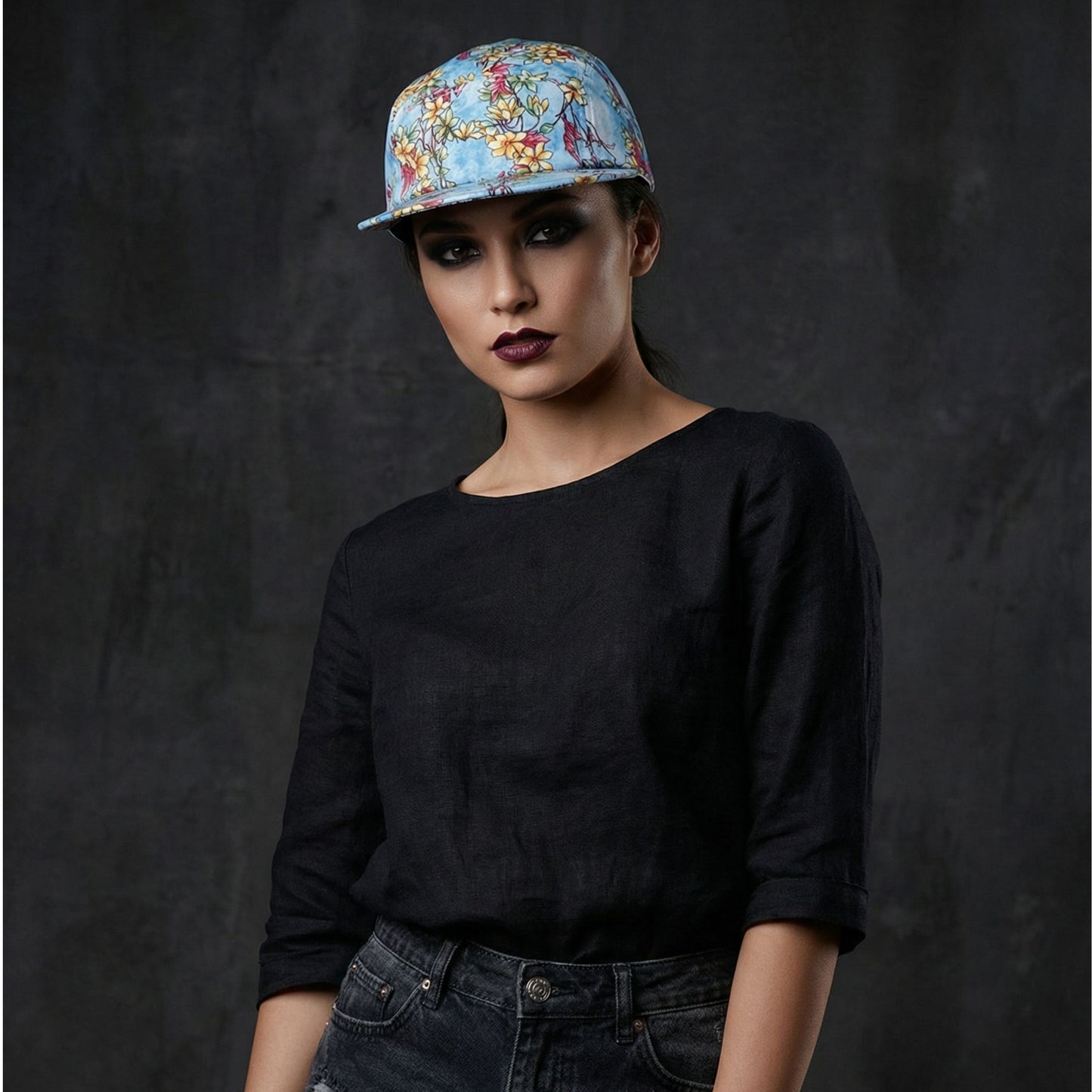 Light Blue Floral 5 Panel Cap | Cotton Blend Adjustable Back Hat