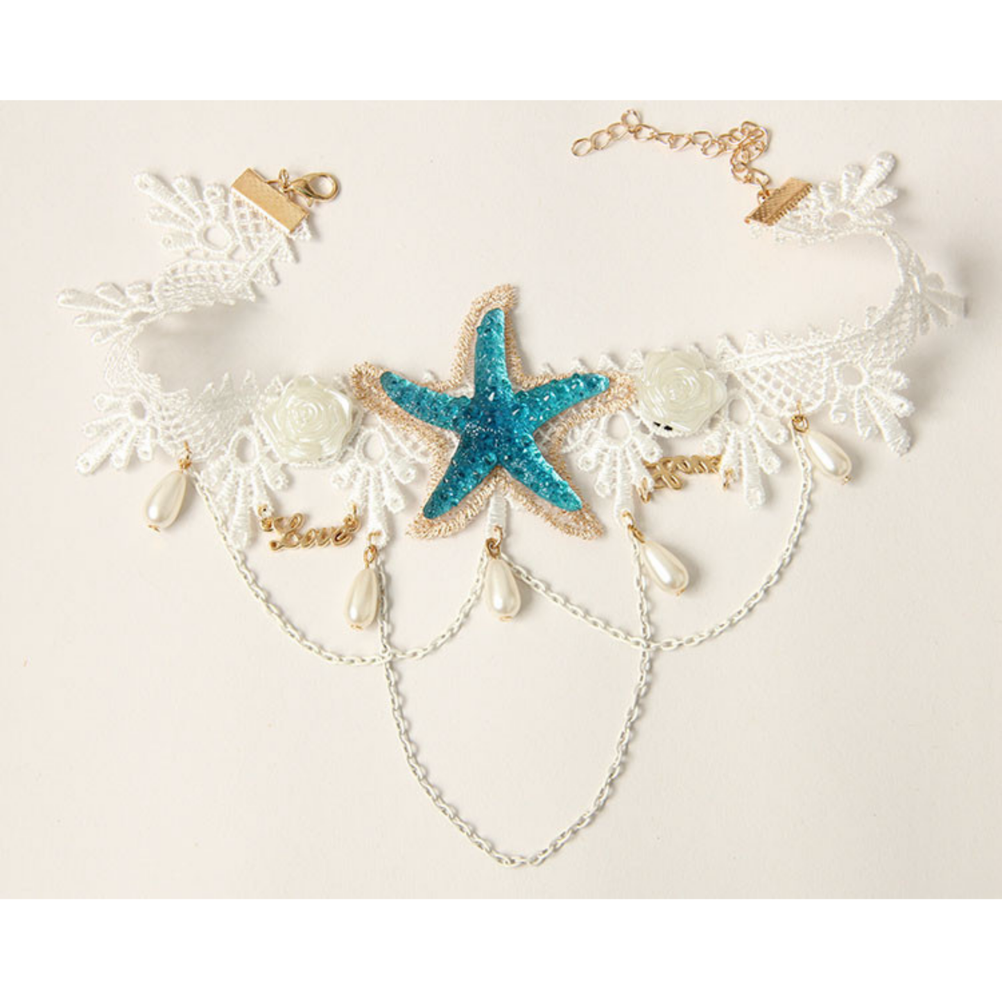 Sea Star Mermaid Appliqué Choker | White Lace with Pearl, Rose & Teal Sea Star