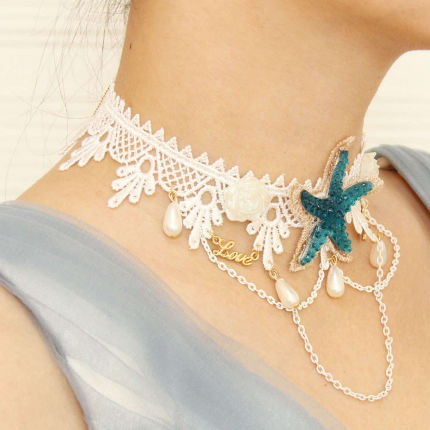Sea Star Mermaid Appliqué Choker | White Lace with Pearl, Rose & Teal Sea Star