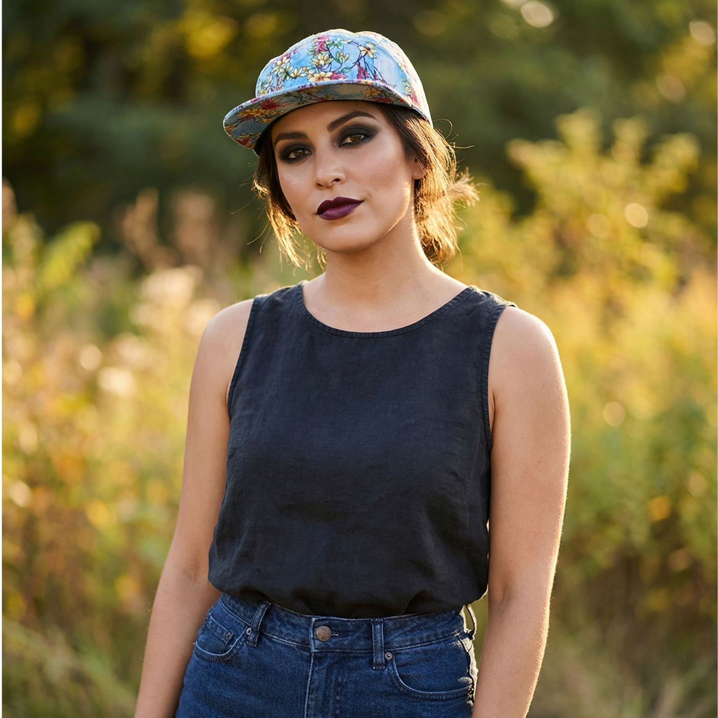 Light Blue Floral 5 Panel Cap | Cotton Blend Adjustable Back Hat