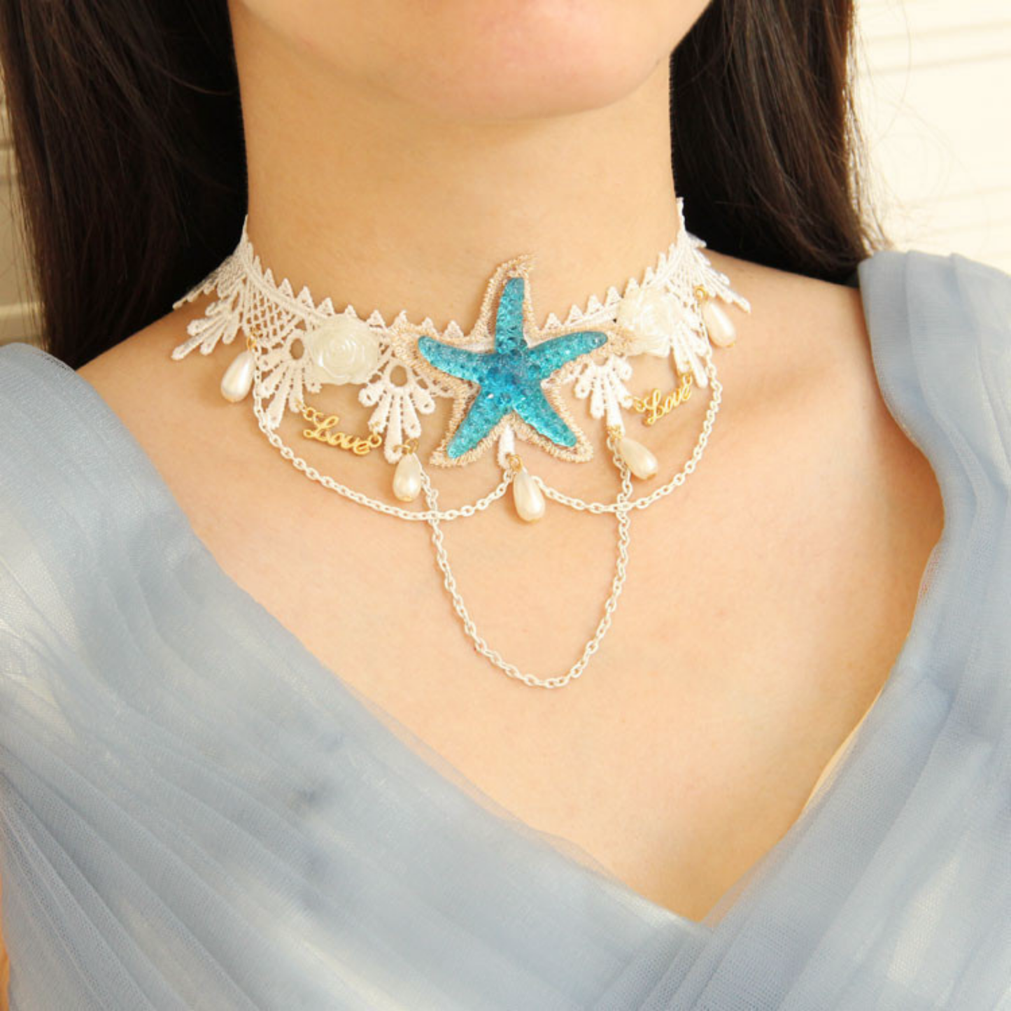 Sea Star Mermaid Appliqué Choker | White Lace with Pearl, Rose & Teal Sea Star
