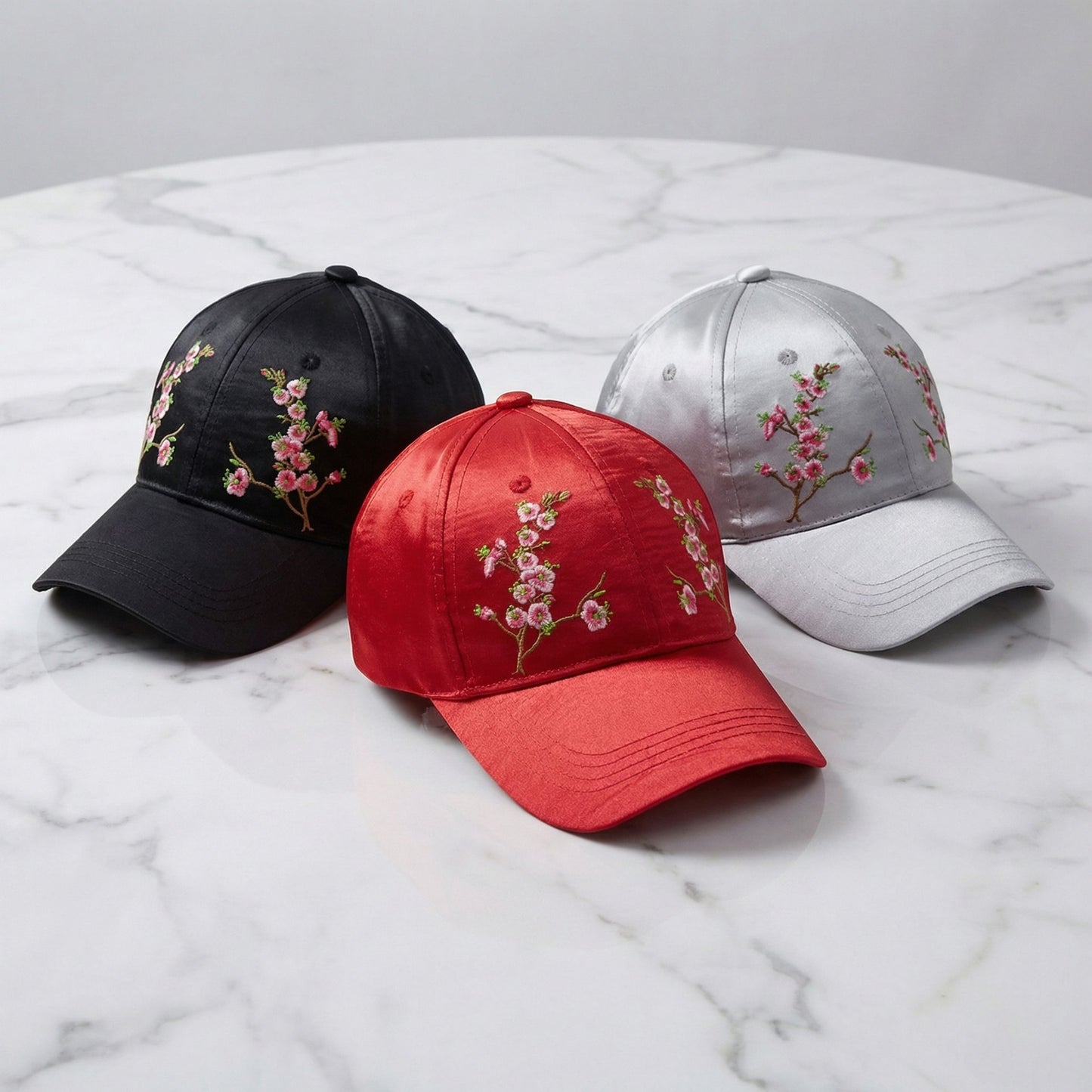 Chinese Blossom Embroidered Baseball Cap | Satin Polyester Adjustable Hat (Black, Grey, Red, White)