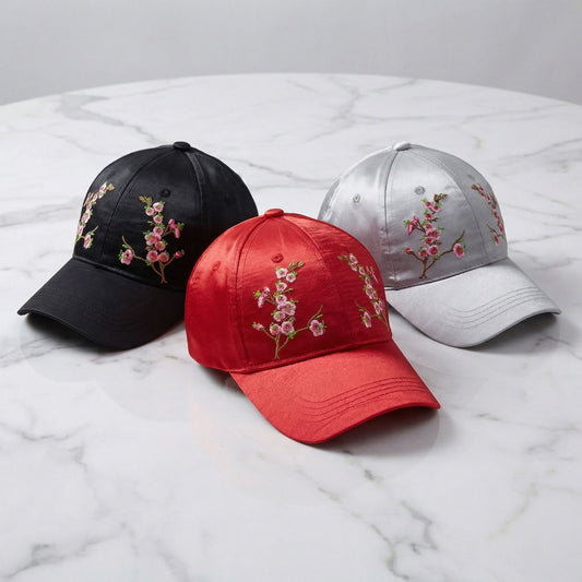 Chinese Blossom Embroidered Baseball Cap | Satin Polyester Adjustable Hat (Black, Grey, Red, White)