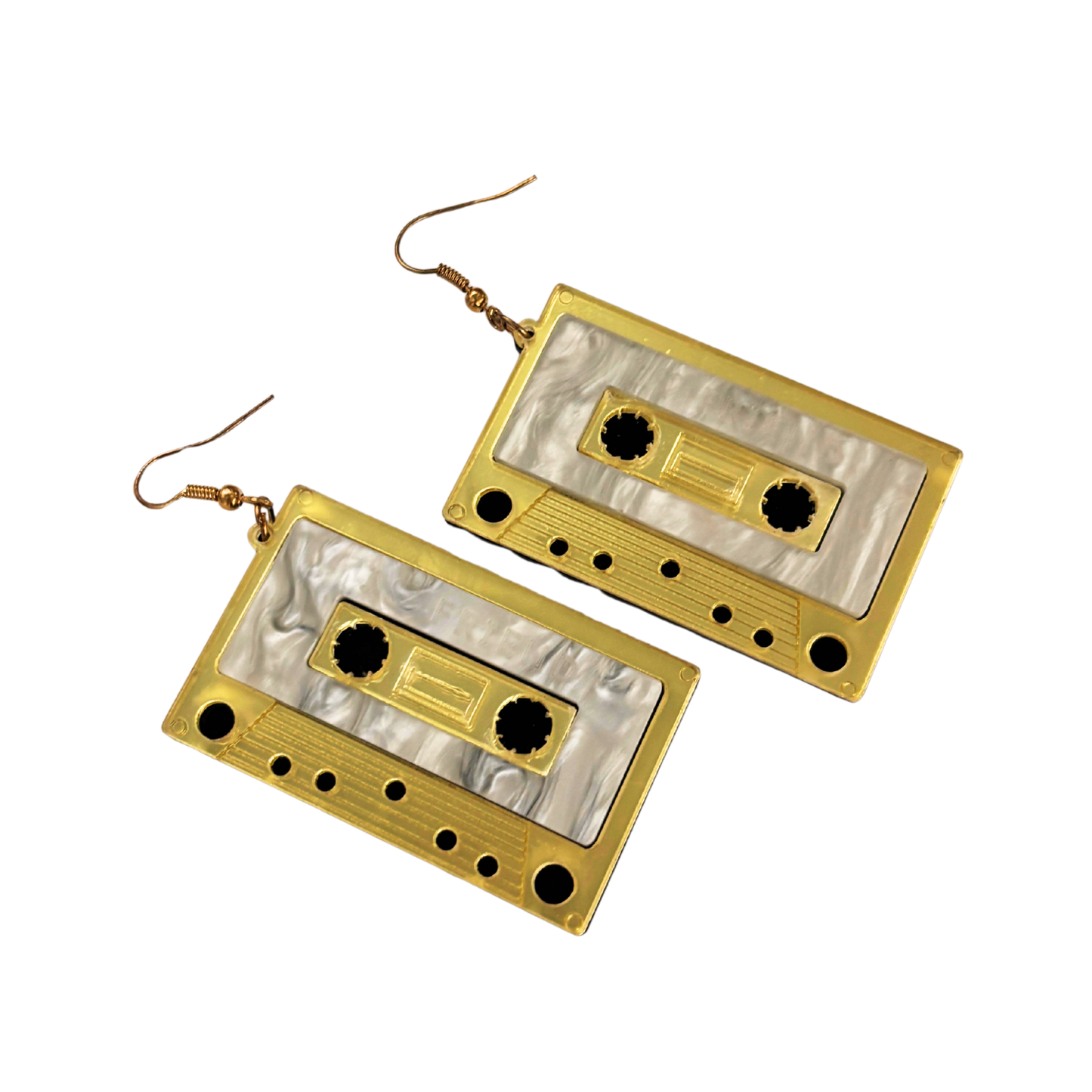 Jumbo Cassette Dangle Earrings in Gold | Matte Gold & Pearl Acetate | 3" Ear Wire