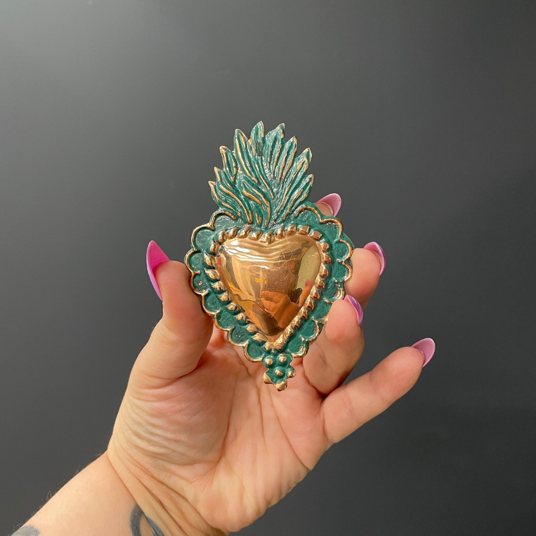 2,5”x3,5” Handmade Oxidized Copper Heart Milagro from Peru | Ornament Tin Charm Accessory