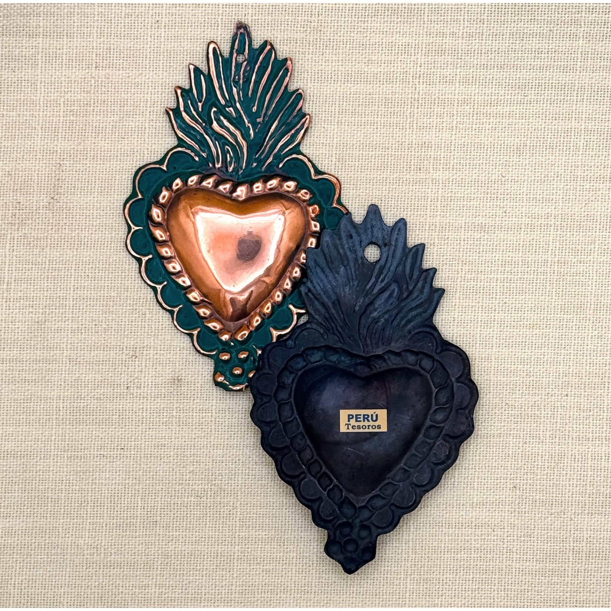 2,5”x3,5” Handmade Oxidized Copper Heart Milagro from Peru | Ornament Tin Charm Accessory