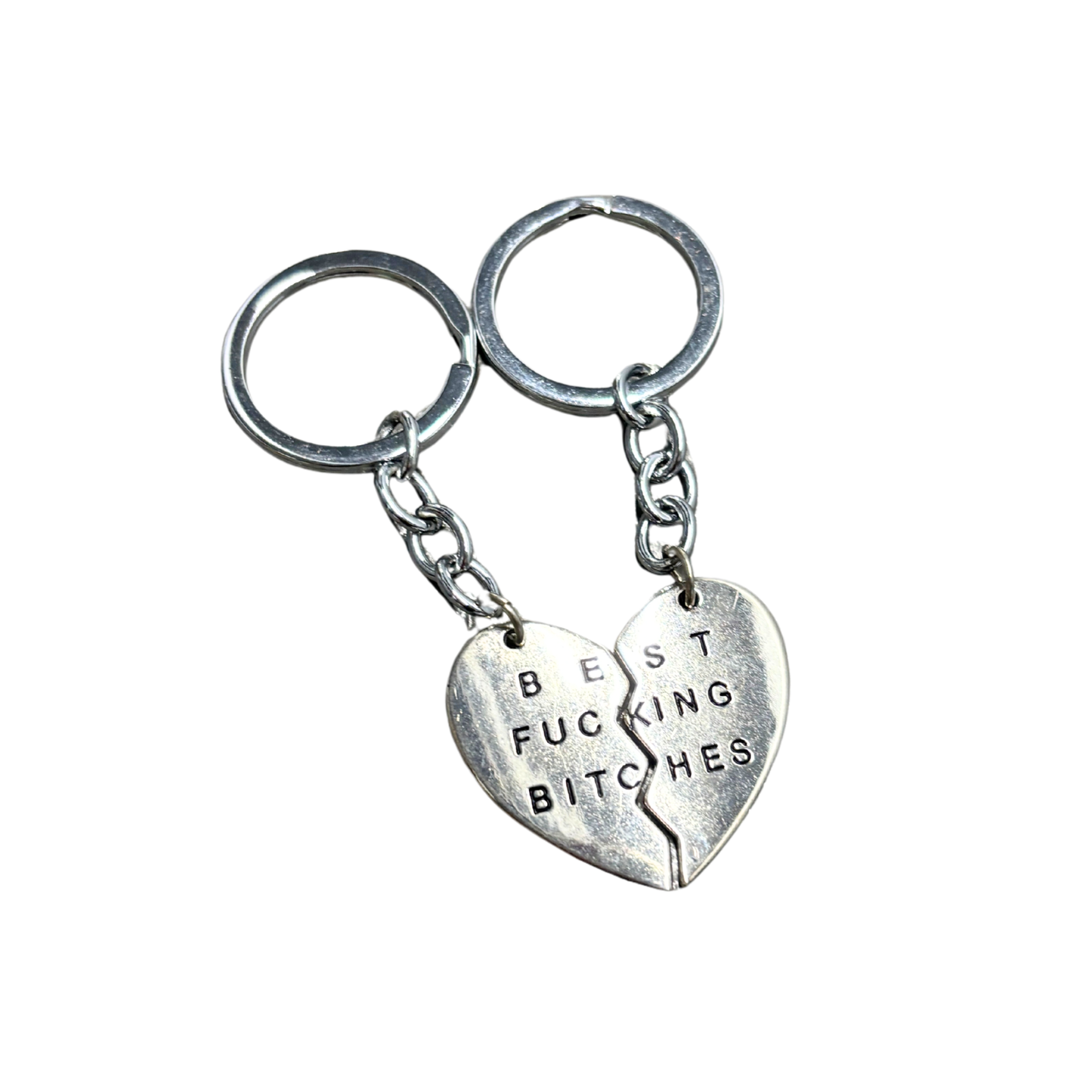 Best Fucking Bitches Keyring Set | Silver Split Heart BFF Keychain Set of 2 | 3.25"