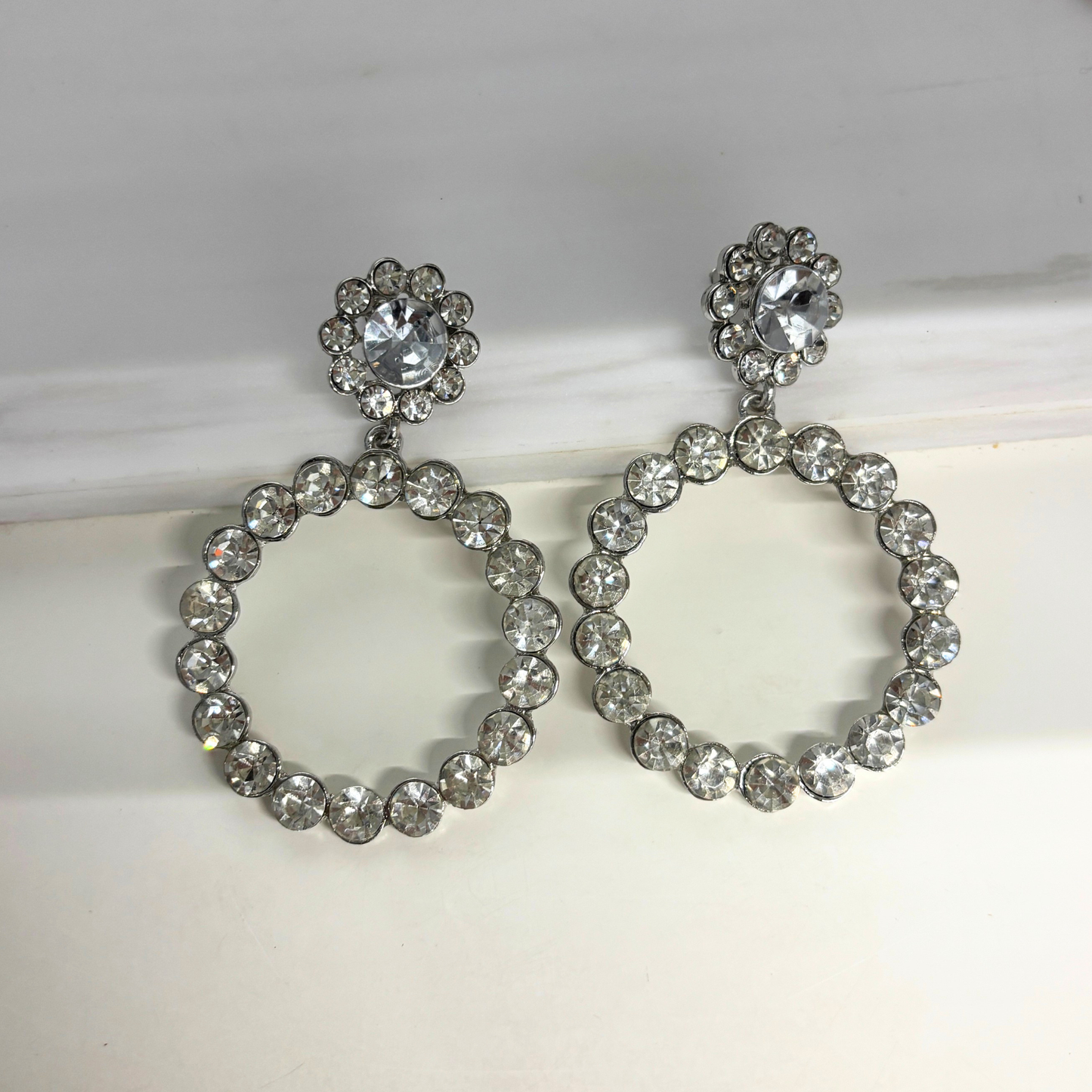 Glamour Forever Dangle Circle Earrings | Faux Diamond Flower & Circle | 2" Post | Gold or Silver