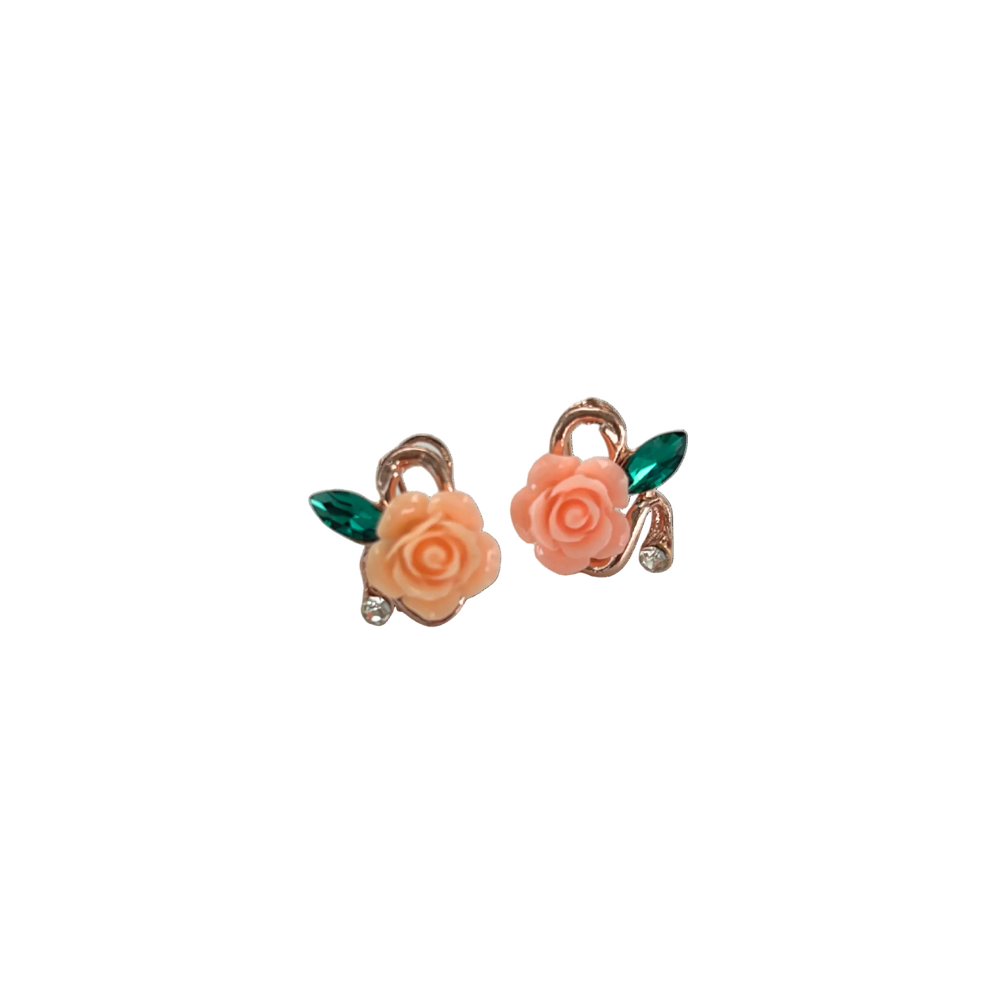 Prettiest Rose Sculpted Stud Earrings | Peachy-Pink Rose, Jeweled Leaf, Rose Gold | 1/2"