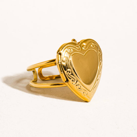 Sefina 18K Gold Non-Tarnish Heart Locket Adjustable Ring