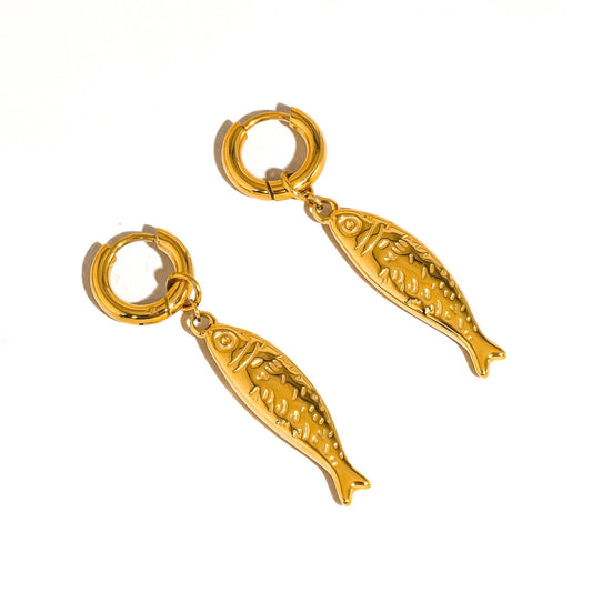 18K Gold Non-Tarnish Fish Hoop Earrings | Stainless Steel Hypoallergenic Earrings