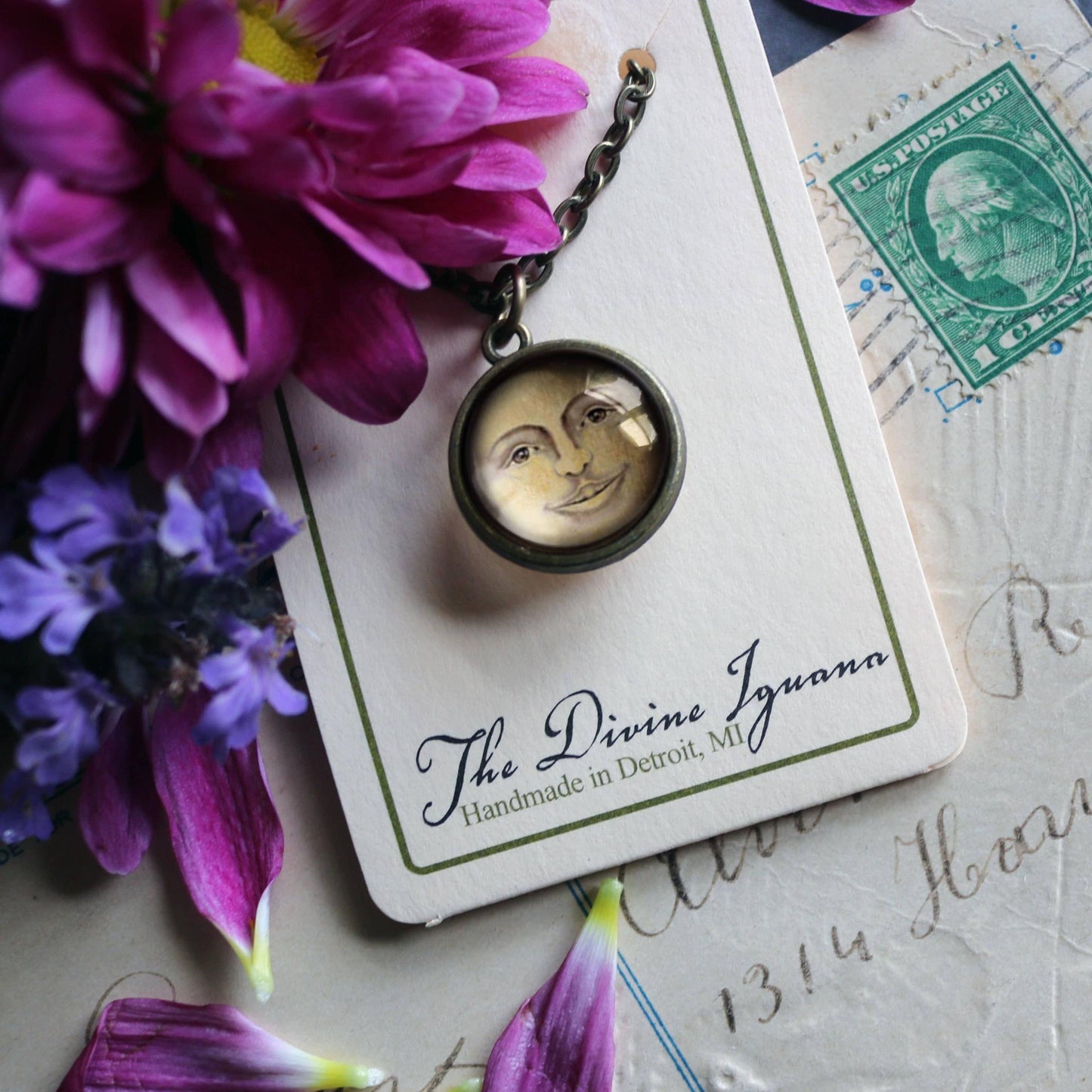 Victorian Man in the Moon Simple Reversible Pendant Necklace