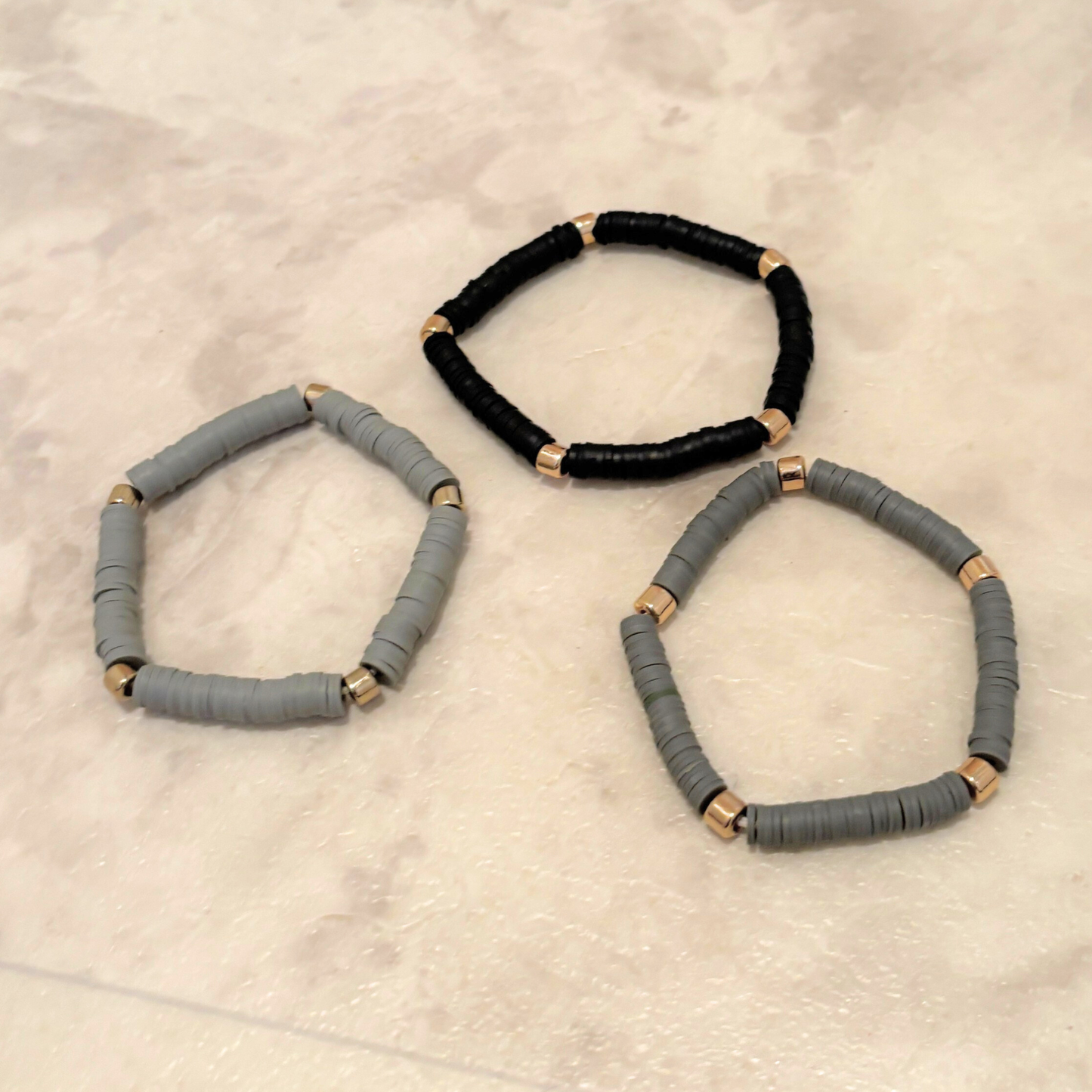 3 Pack Bracelet Set in Black / Charcoal / Gray | Black Shades Beaded Clay-like Bracelet