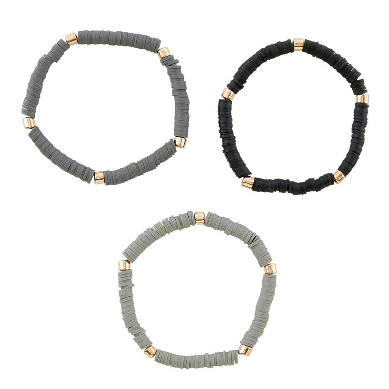 3 Pack Bracelet Set in Black / Charcoal / Gray | Black Shades Beaded Clay-like Bracelet