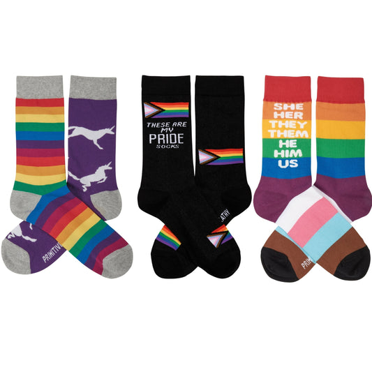 3 Pack Pride Socks | LGBTQIA Rainbow Unicorn Pronouns Socks