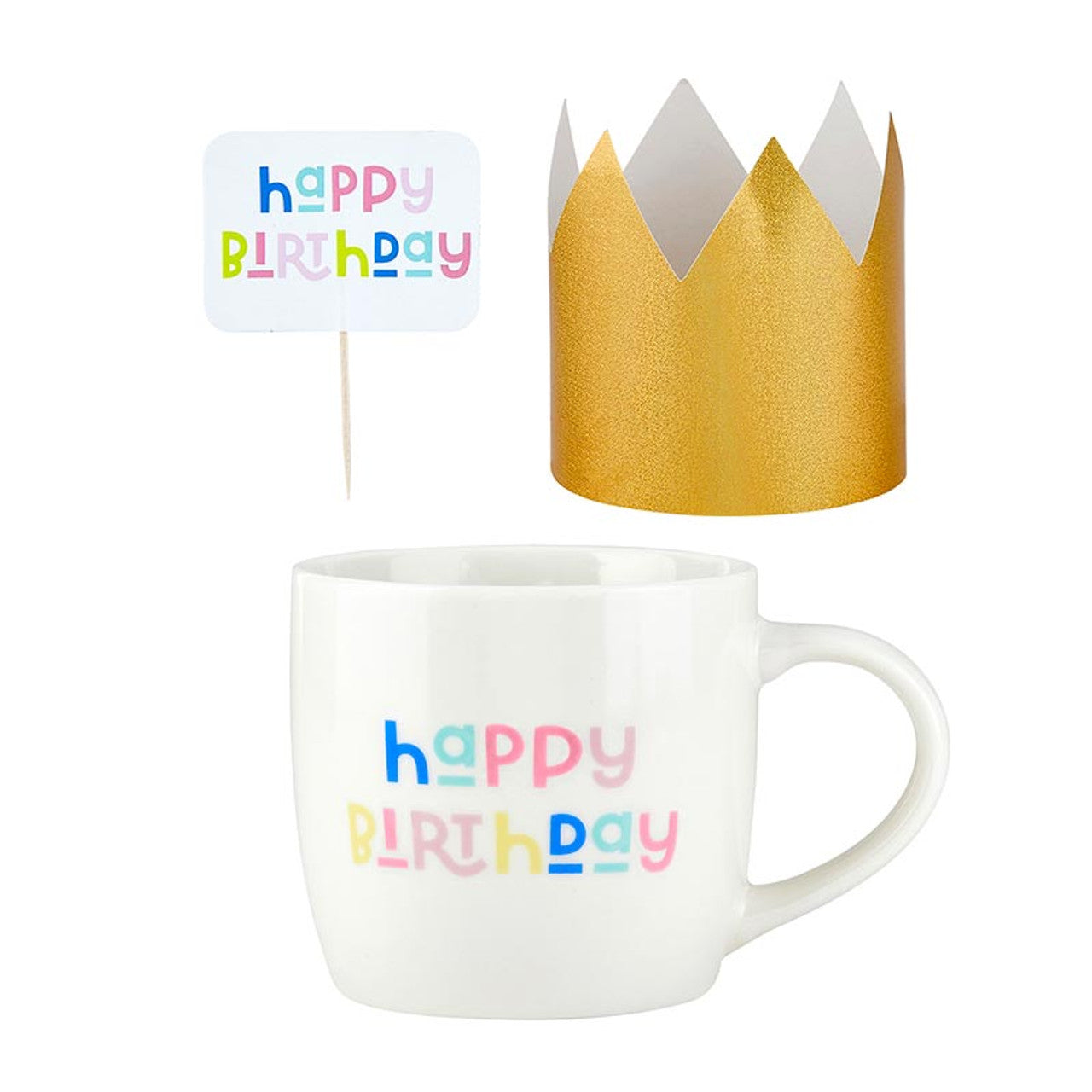3 Piece Happy Birthday Mug Cake Gift Set | Coffee Mug Mini Crown Cupcake Topper