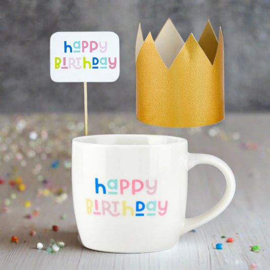 3 Piece Happy Birthday Mug Cake Gift Set | Coffee Mug Mini Crown Cupcake Topper