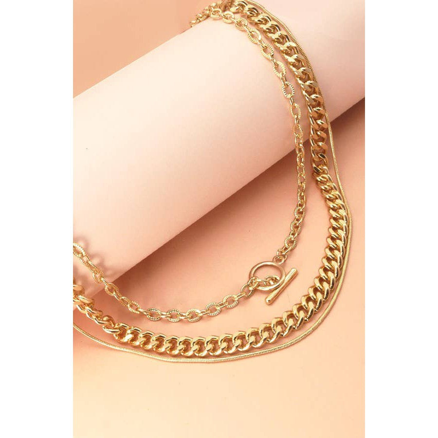 3 Row Snake Chain Toggle Layer Necklace | Multi Strand Gold Tone Fashion Jewelry