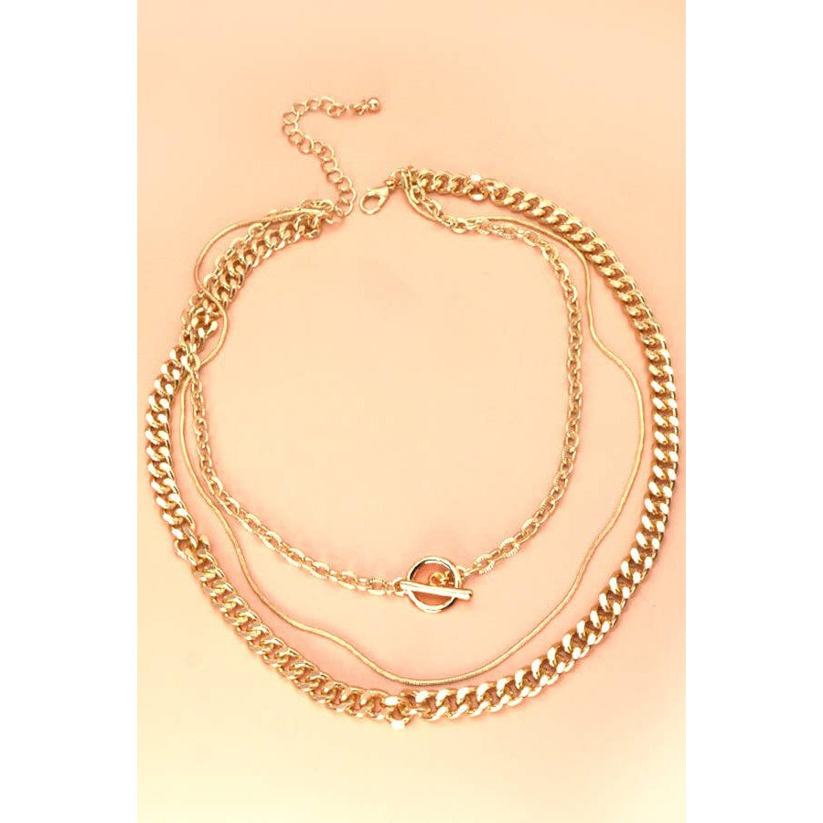 3 Row Snake Chain Toggle Layer Necklace | Multi Strand Gold Tone Fashion Jewelry