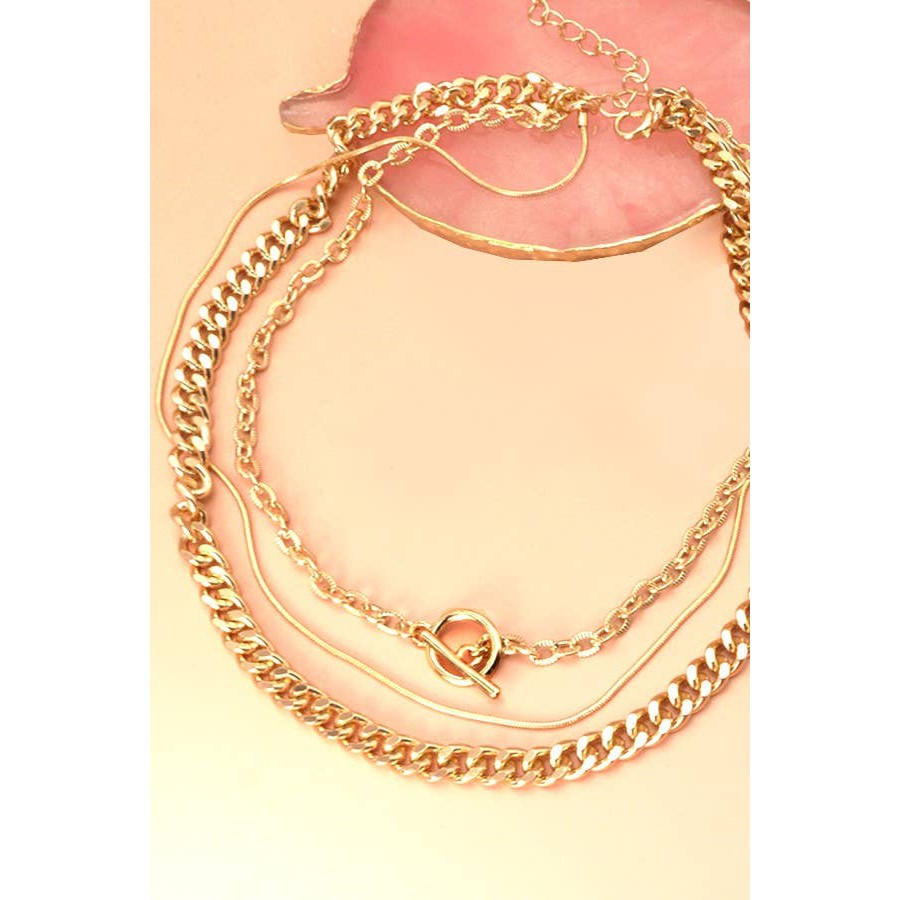 3 Row Snake Chain Toggle Layer Necklace | Multi Strand Gold Tone Fashion Jewelry