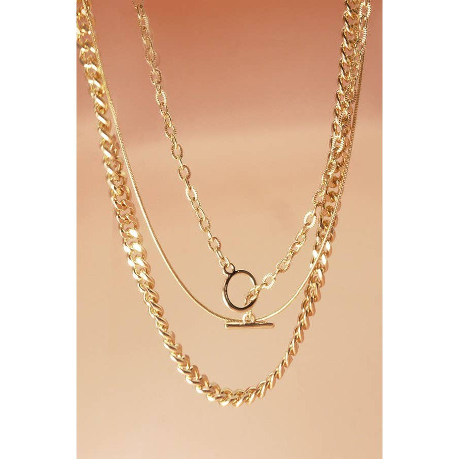 3 Row Snake Chain Toggle Layer Necklace | Multi Strand Gold Tone Fashion Jewelry