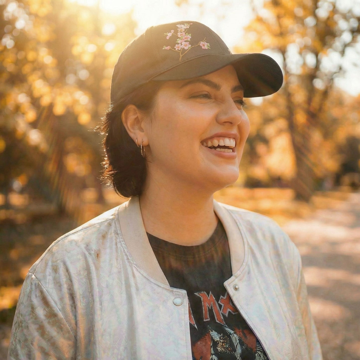 Chinese Blossom Embroidered Baseball Cap | Satin Polyester Adjustable Hat (Black, Grey, Red, White)