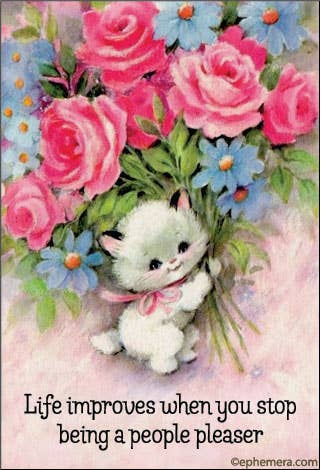 Cute cartoon cat holding flowers with a motivational quote "Life improves when you stop being a people pleaser."