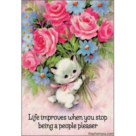 Cute cartoon cat holding flowers with a motivational quote "Life improves when you stop being a people pleaser."