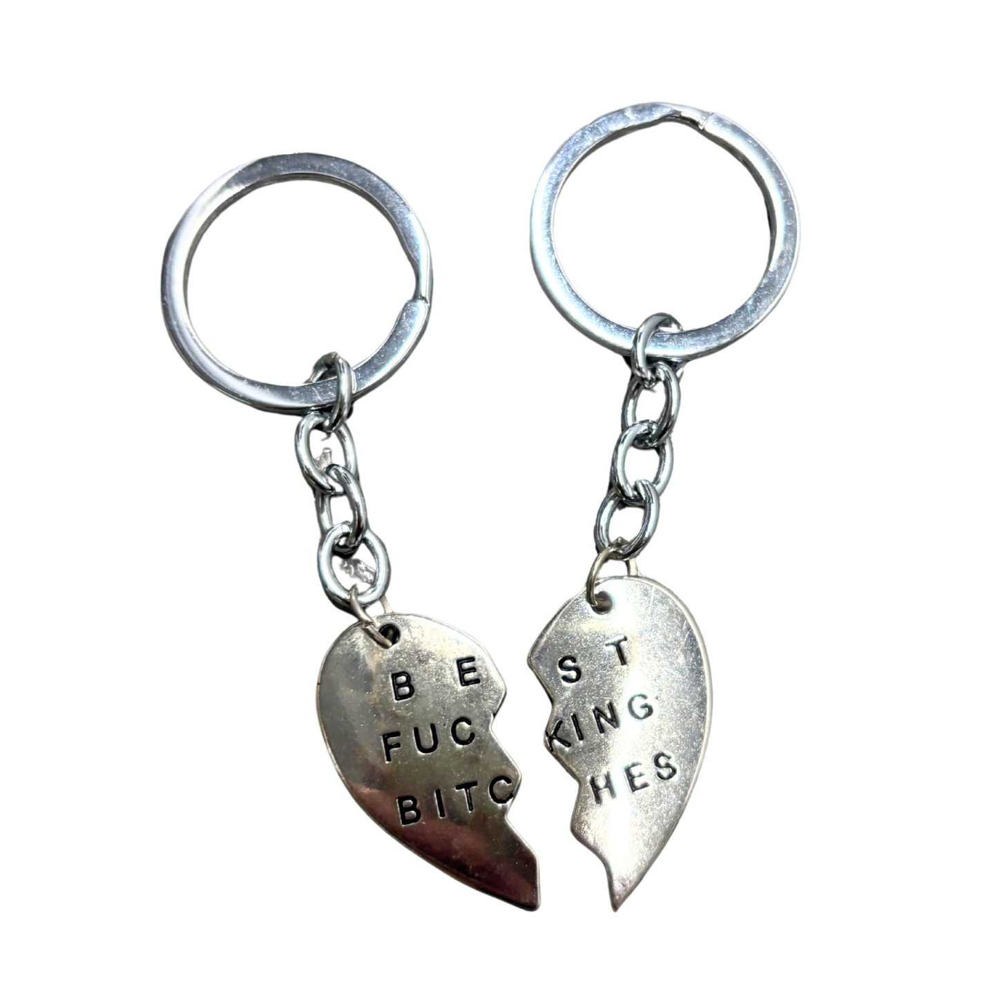 Best Fucking Bitches Keyring Set | Silver Split Heart BFF Keychain Set of 2 | 3.25"
