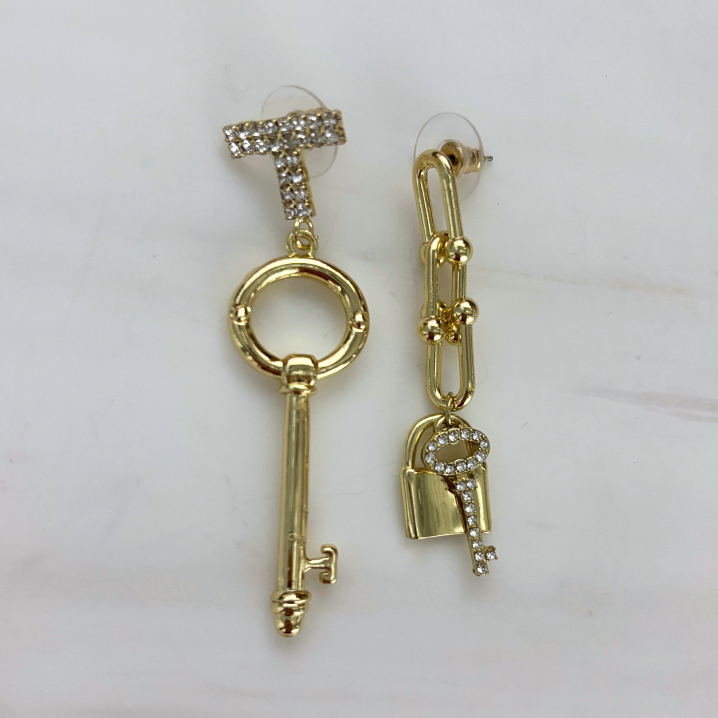 Romantic Key Asymmetrical Earrings in Gold | Mismatched Key & Lock Drop Earrings | 2–2.5" Post
