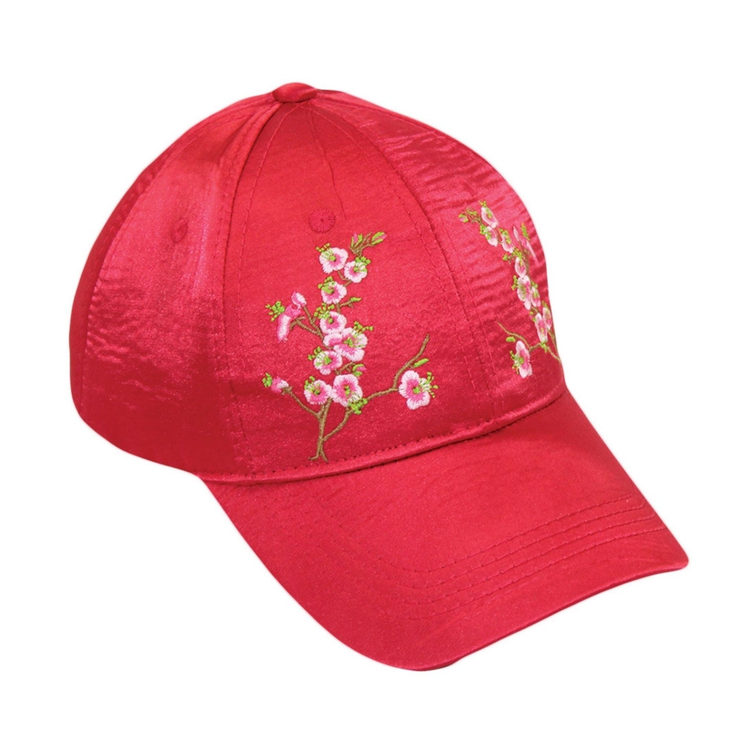 Chinese Blossom Embroidered Baseball Cap | Satin Polyester Adjustable Hat (Black, Grey, Red, White)