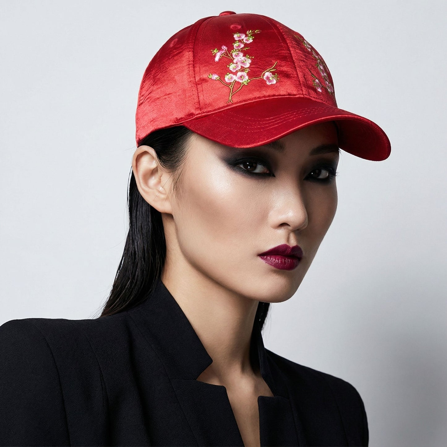 Chinese Blossom Embroidered Baseball Cap | Satin Polyester Adjustable Hat (Black, Grey, Red, White)