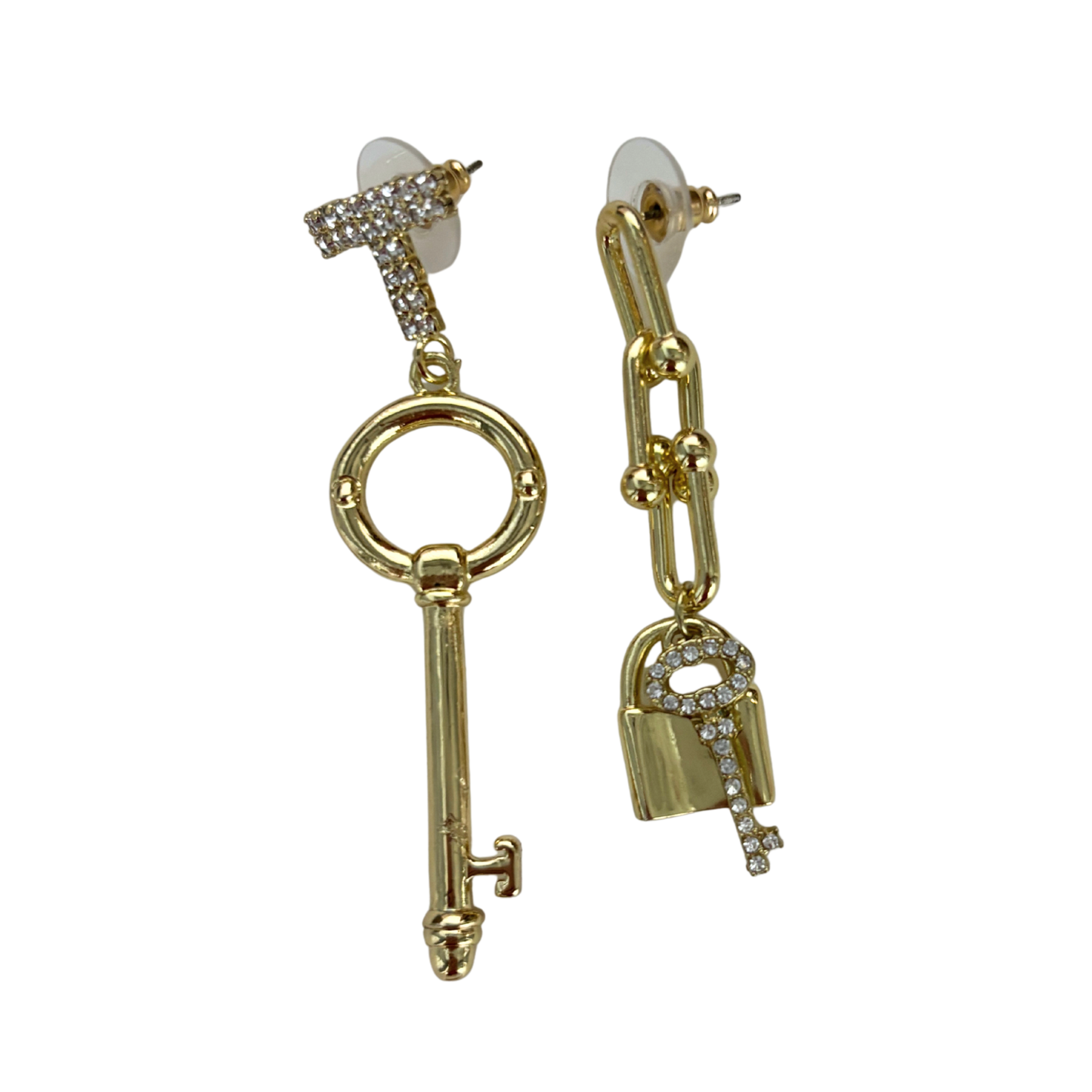 Romantic Key Asymmetrical Earrings in Gold | Mismatched Key & Lock Drop Earrings | 2–2.5" Post
