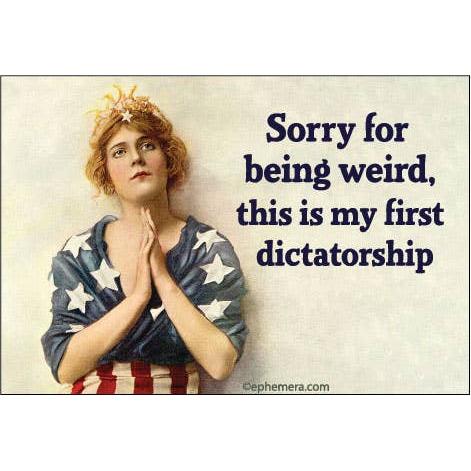Woman wrapped in an American flag with text 'Sorry for being weird, this is my first dictatorship' on a textured background.