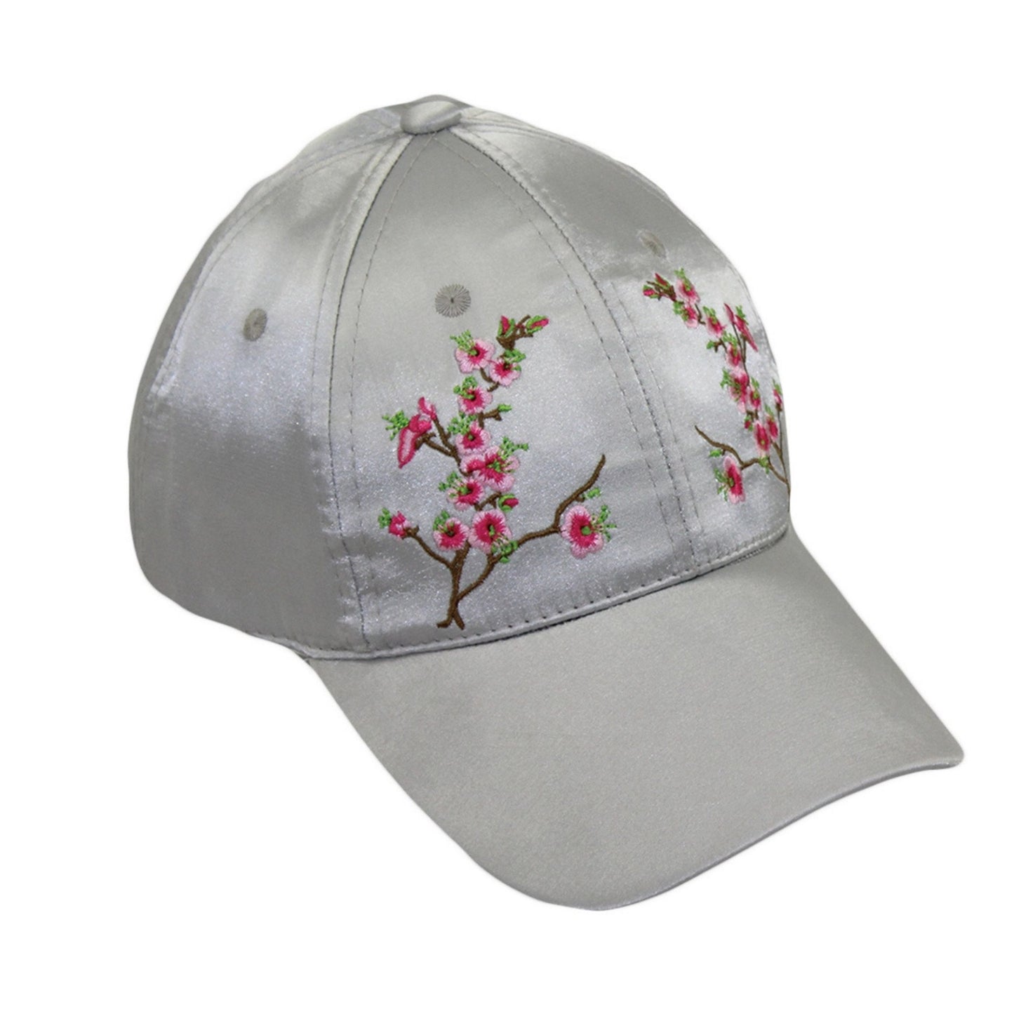 Chinese Blossom Embroidered Baseball Cap | Satin Polyester Adjustable Hat (Black, Grey, Red, White)