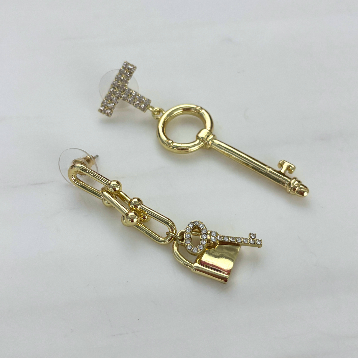Romantic Key Asymmetrical Earrings in Gold | Mismatched Key & Lock Drop Earrings | 2–2.5" Post