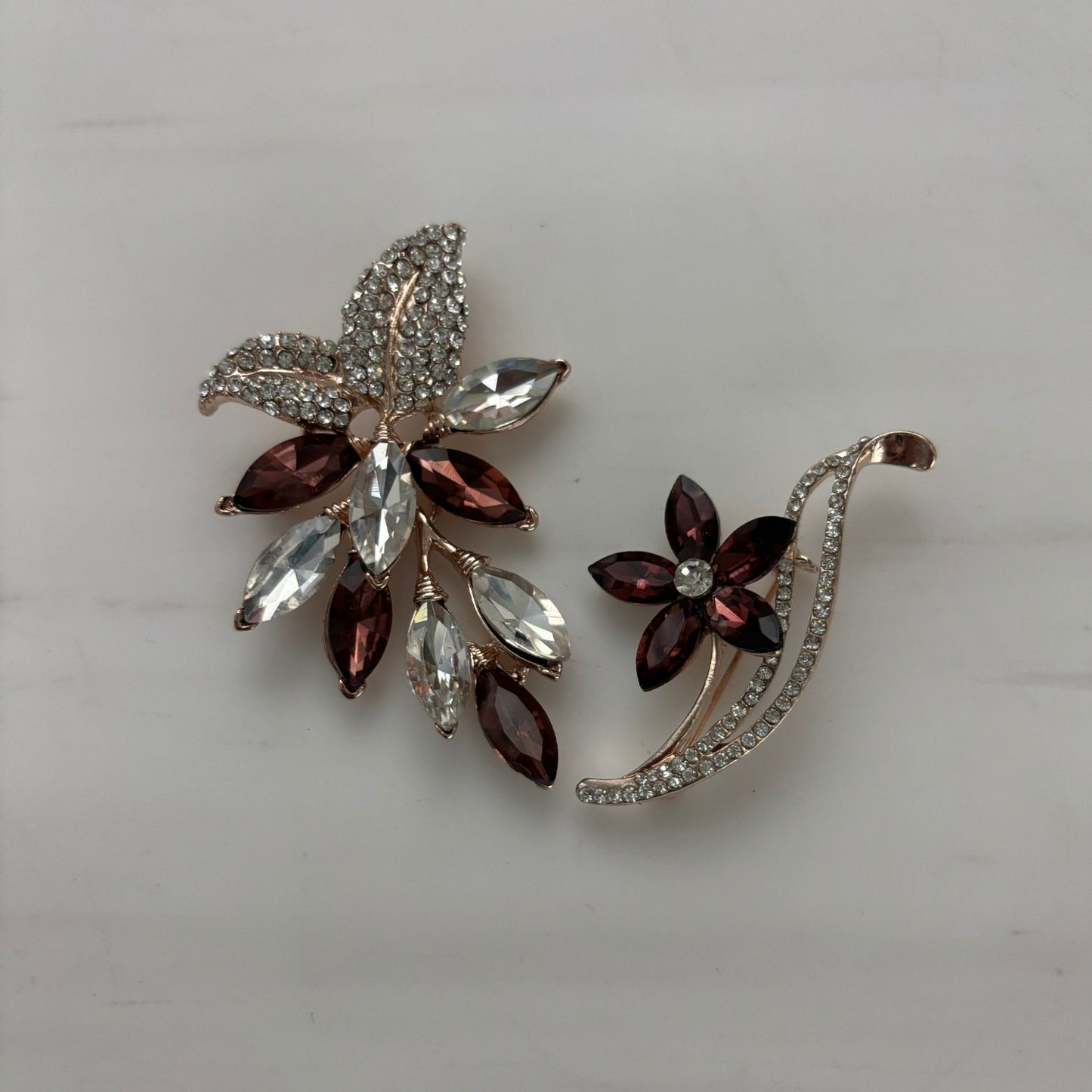 Burgundy Hue Brooch Set of 2 | Coordinating Gem & Gold Brooches