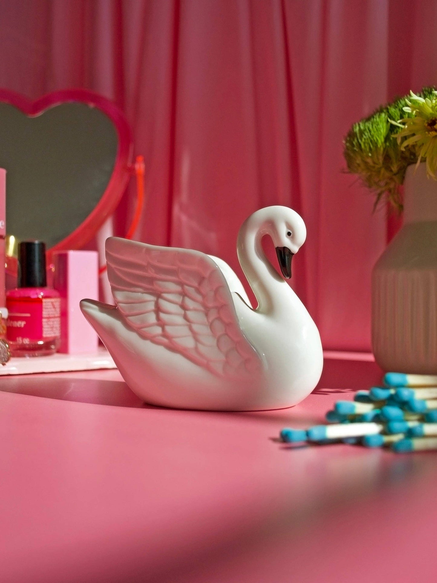 Swan Match Striker | Ceramic Swan Match Holder & Striker | Vintage Style Decor with Matches