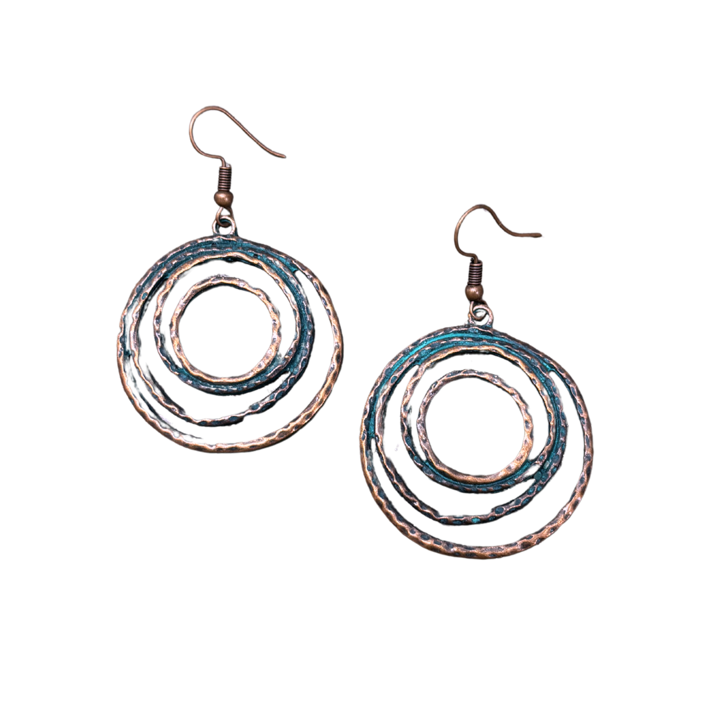 Boho Patina Dangle Circle Earrings | Hand-Painted Coppery Patina | 2.4" Ear Wire