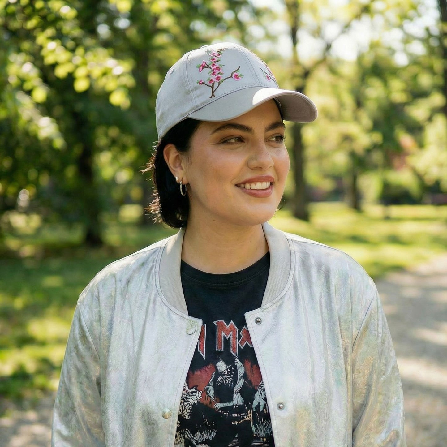 Chinese Blossom Embroidered Baseball Cap | Satin Polyester Adjustable Hat (Black, Grey, Red, White)